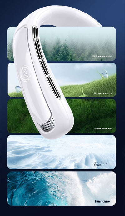 Light blue U-shaped neck fan with a digital display showing 100% charge and multiple air vents. - Image 32