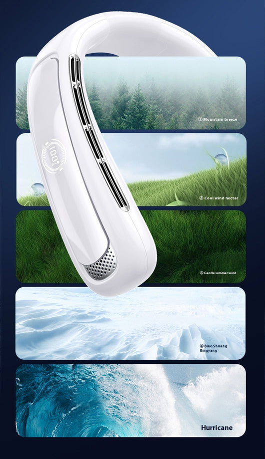 Light blue U-shaped neck fan with a digital display showing 100% charge and multiple air vents. - Image 32