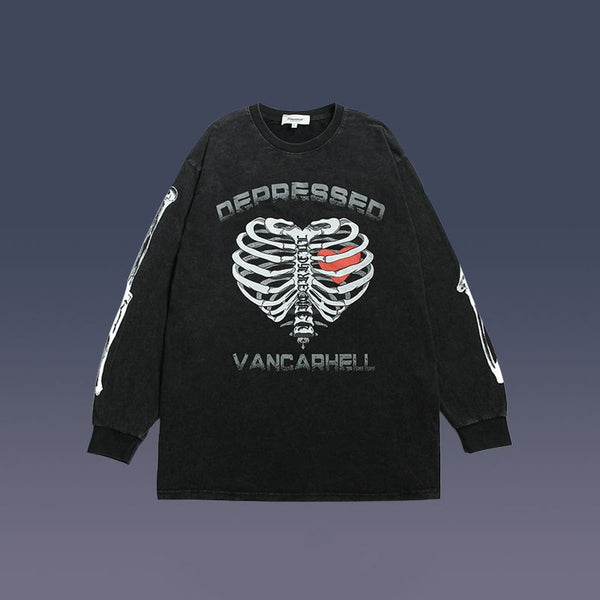 Suéter Holgado Retro Unisex con Estampado Calavera y Amor Desgastado
