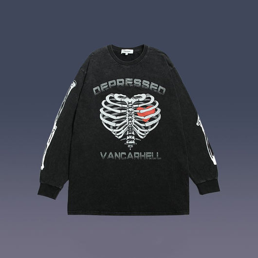 Suéter Holgado Retro Unisex con Estampado Calavera y Amor Desgastado