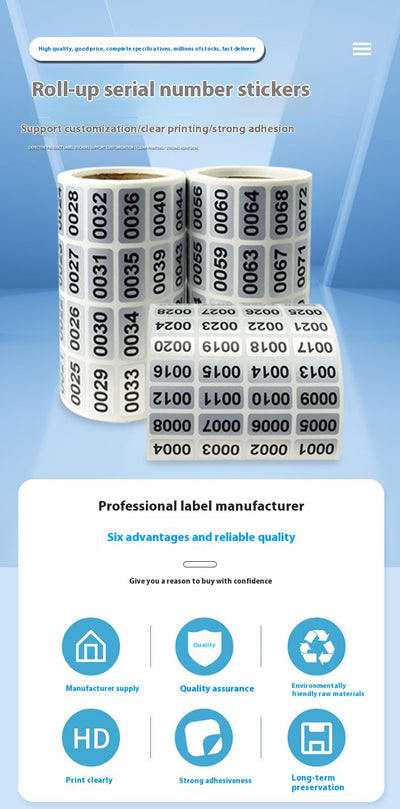 Roll of matte silver adhesive labels with sequential black serial numbers from 00001 to 00024 visible. - Image 8