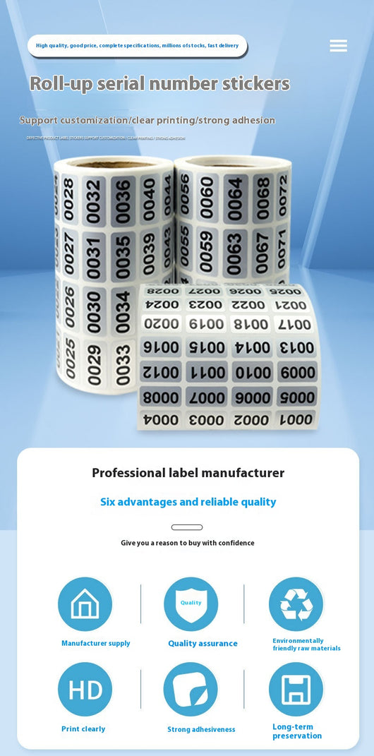 Roll of matte silver adhesive labels with sequential black serial numbers from 00001 to 00024 visible. - Image 8