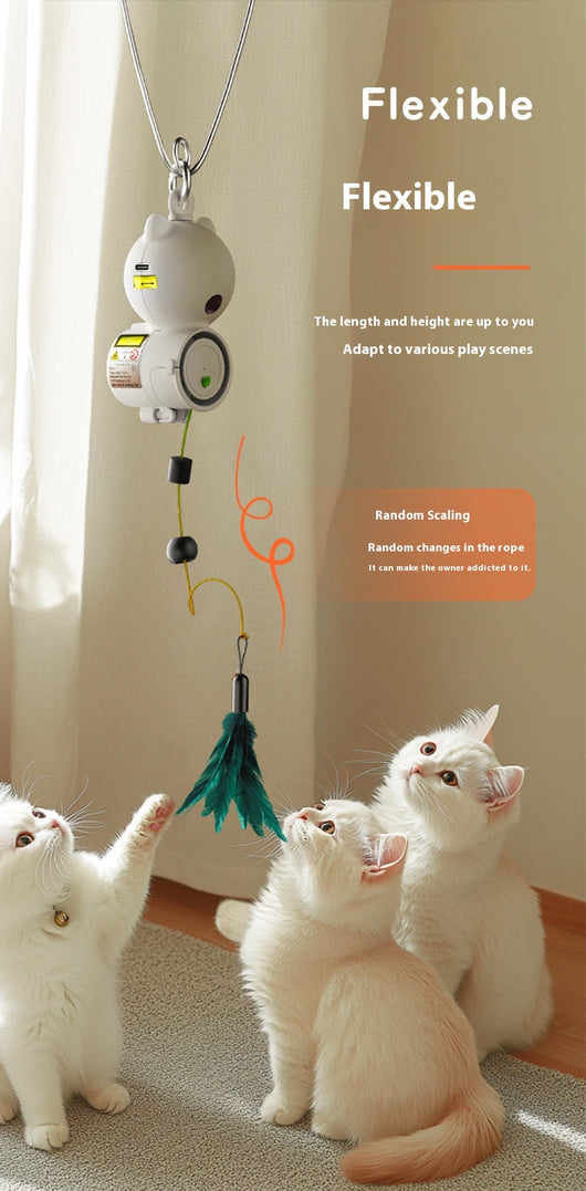 White retractable cat toy with a teal feather attachment hanging from a silver hook, designed for pet play. - Image 10