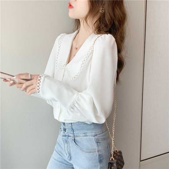 White Chiffon Long Sleeve Blouse - French Elegance