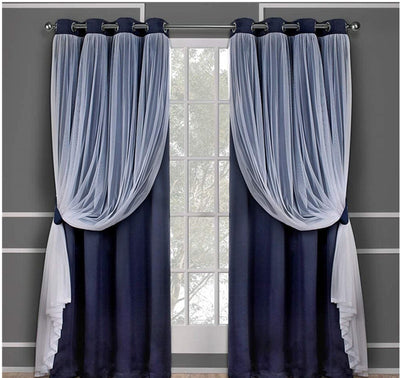 Dark blue double layer shading curtains with white sheer lace overlays, hung on a silver grommet rod. - Image 6