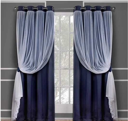 Dark blue double layer shading curtains with white sheer lace overlays, hung on a silver grommet rod. - Image 6