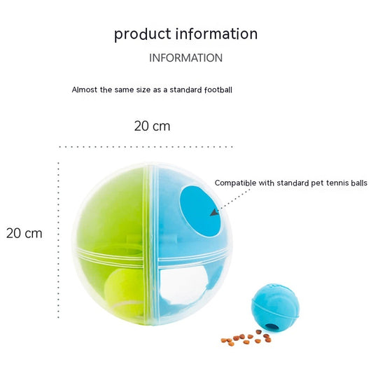 Clear round dog puzzle toy with four compartments, two holding green tennis balls and two holding blue squeaky balls. - Image 3