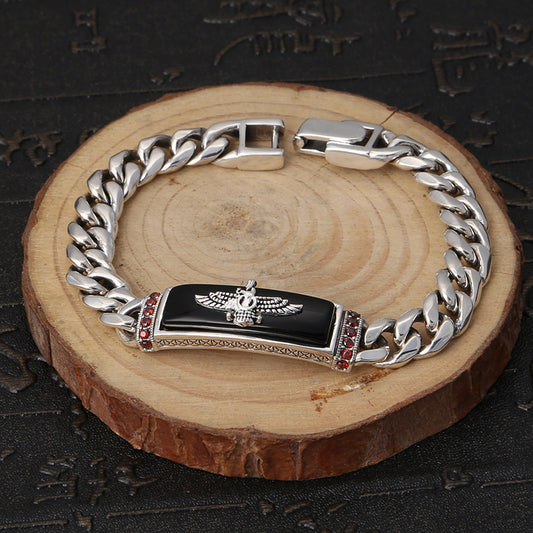 Pulsera de Ágata Negra con Águila Volante Vintage
