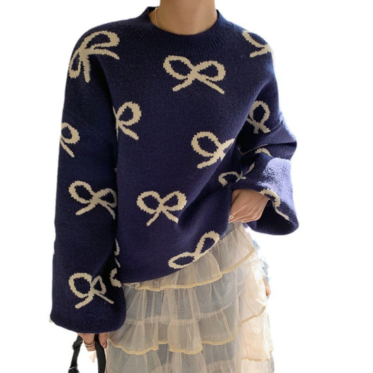 Suéter Jacquard con Moño y Cuello Redondo - Blusa Holgada de Manga Larga - Image 5