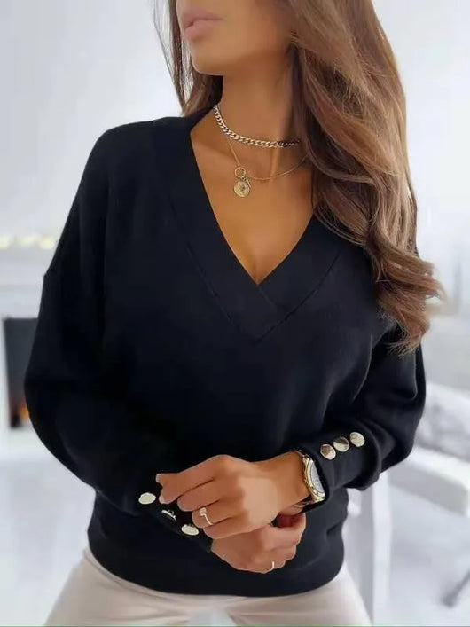 Suéter Cuello V Manga Larga con Botones en Puños - Image 12