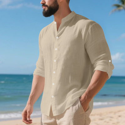 Conjunto de Camisa de Lino con Cuello Mao y Pantalón Holgado para Hombre - Image 11