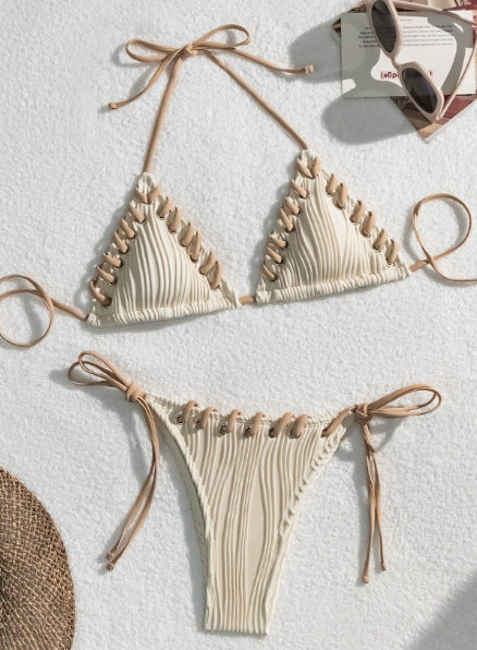 Light blue ribbed bikini swimsuit with pink tie straps and lacing detail, featuring a triangle top and thong bottom. - Image 6