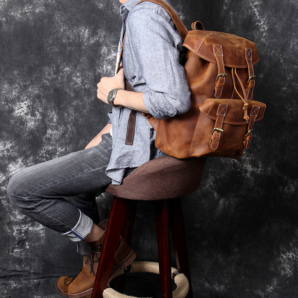 Mochila de Cuero Genuino Retro con Gran Capacidad