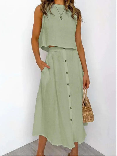 Conjunto de Dos Piezas: Chaleco y Vestido Midi Cuello Redondo Elegante - Image 8