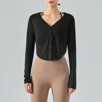 Blusa Yoga Suelta Cuello V Manga Larga con Efecto Drapeado - Image 8
