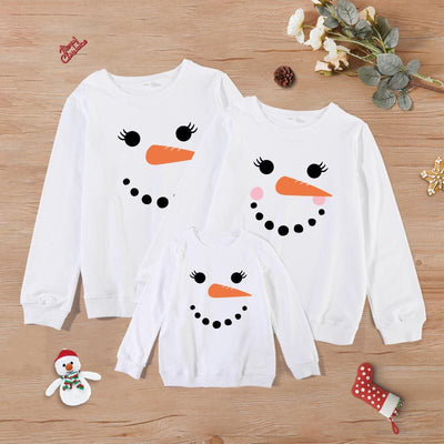 Family matching white long-sleeve crew neck tops with a cute snowman face print, featuring black eyes, an orange carrot nose, and a dotted smile. One adult top - Image 4