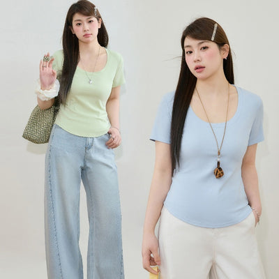 Blusa Slim Fit Escote U Manga Corta Efecto Adelgazante