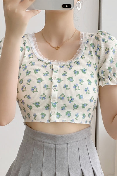 Camiseta Retro Floral con Mangas Abullonadas para Mujer - Image 9