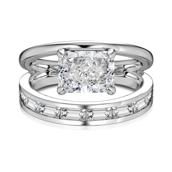 Anillo Doble Capa Plata S925 Flor de Hielo Rectangular con Zirconia 8A