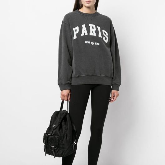Suéter de Algodón para Mujer con Letras PARIS Cuello Redondo en Negro y Gris - Image 9