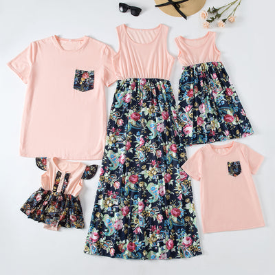Family matching outfits including a peach and floral maxi dress, two short-sleeve shirts, a sleeveless dress, and a baby romper. - Image 6