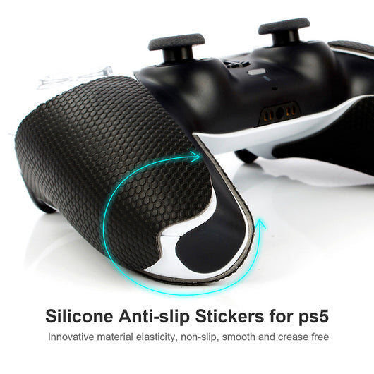 Black textured controller grips for PlayStation 5, shown with packaging and wet/dry wipes. - Image 8