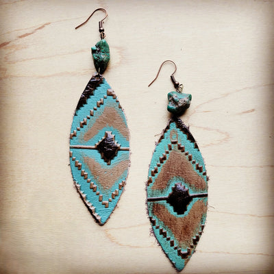 Brincos de Couro Ovais Finos Navajo com Detalhe de Turquesa 206o