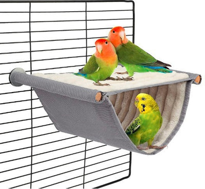 Gray and cream two-tier pet hammock with plush interior, hanging in a wire cage with three small birds. - Image 8