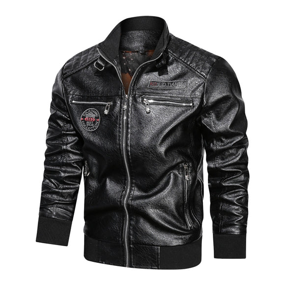 Chaqueta de Cuero con Cuello de Pie y Bolsillos