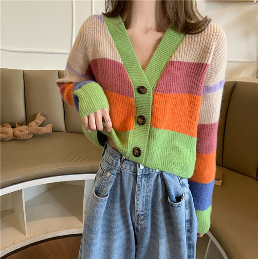 Suéter Tejido Arcoíris Estilo Hong Kong Retro Mujer Corto Holgado