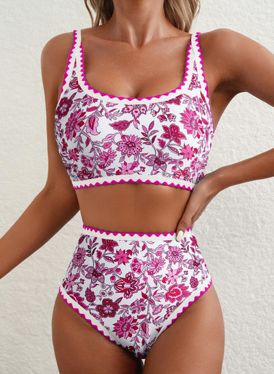 Green and white floral paisley high-waisted bikini swimsuit with scalloped edges on a model. - Image 18