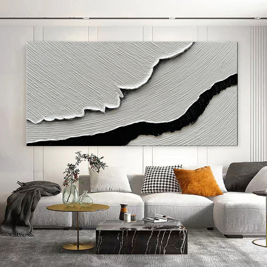 Cuadro Abstracto Olas del Mar en Blanco y Negro - Pintura al Óleo Texturizada Hecha a Mano