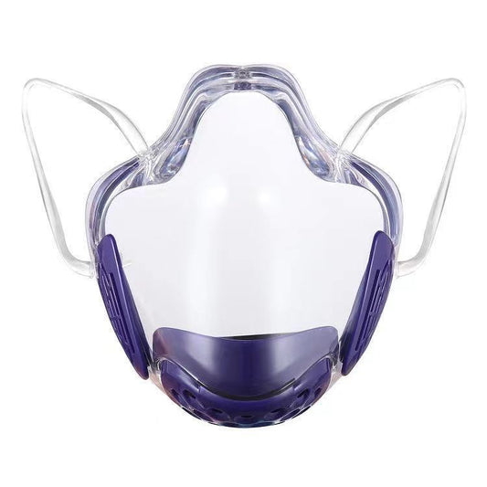 Transparent full face protective mask with blue chin guard and clear ear loops, designed for anti-splash and dust protection.