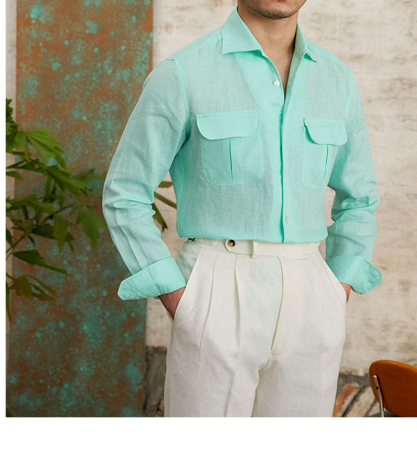 Camisa Retro de Lino Puro Transpirable Manga Larga para Hombre - Image 8