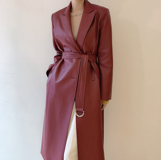 Abrigo Trench Coat de Cuero PU Doble Botonadura con Cuello de Traje - Image 7