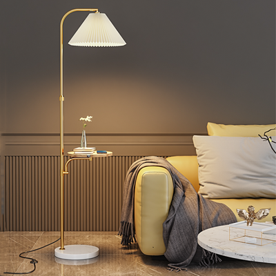 Lámpara de Pie para Sala con Pantalla Plisada y Base de Madera Maciza