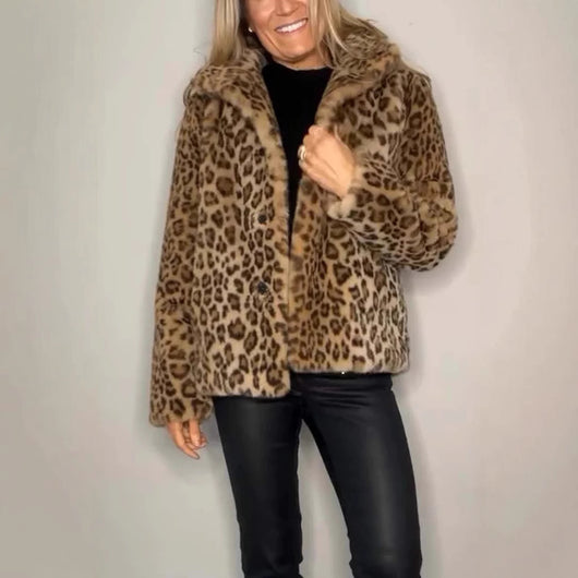 Abrigo Femenino Estampado Leopardo con Solapa y Cuero Sintético - Image 2