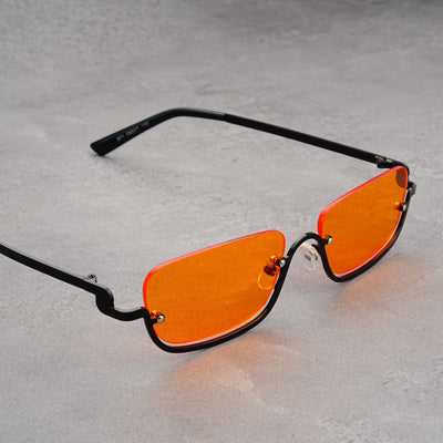 Gold frame semi-rimless sunglasses with brown rectangular lenses and black temple tips on a white background. - Image 15