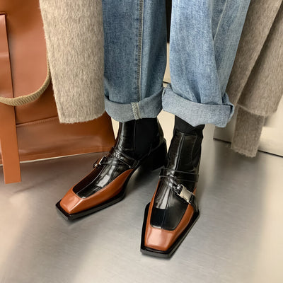 Botines Cortos para Mujer con Tacón Grueso y Hebilla Bicolor - Image 3