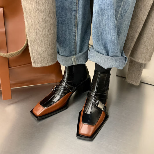Botines Cortos para Mujer con Tacón Grueso y Hebilla Bicolor - Image 3