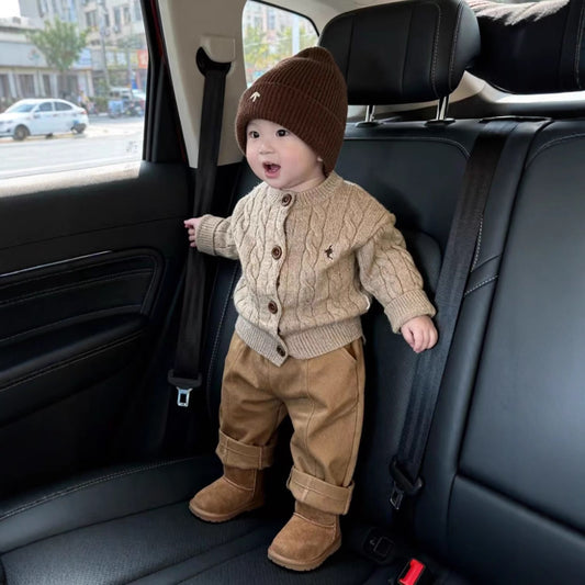 Suéter Tejido Grueso Estilo Coreano para Niño Otoño-Invierno en Khaki con Bordado
