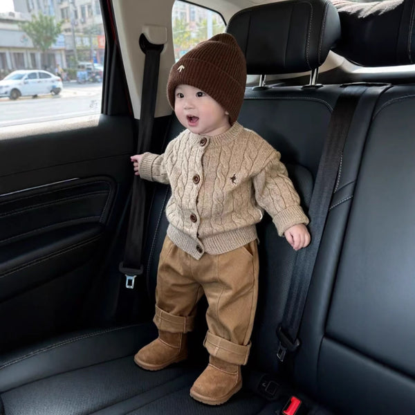 Suéter Tejido Grueso Estilo Coreano para Niño Otoño-Invierno en Khaki con Bordado