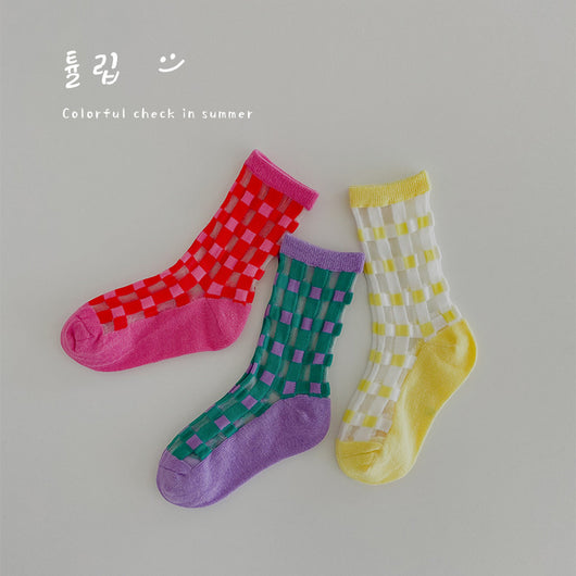 Calcetines Infantiles Verano Cuadros a Cuadros Estilo Coreano - Image 6