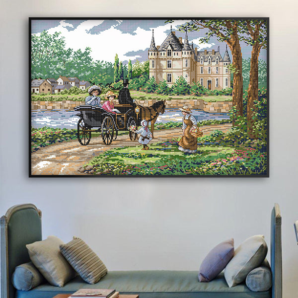 Cuadro Decorativo de Tela Bordada con Paisaje Suburbano