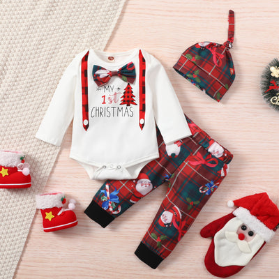 Conjunto Navideño para Bebé: Blusa Manga Larga, Pantalón, Gorro y Turbante