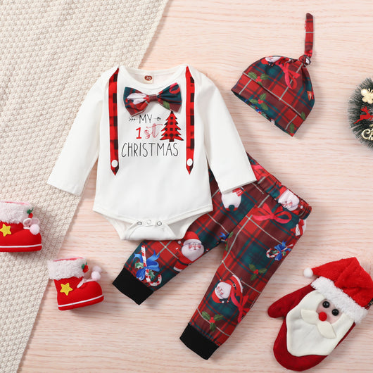 Conjunto Navideño para Bebé: Blusa Manga Larga, Pantalón, Gorro y Turbante