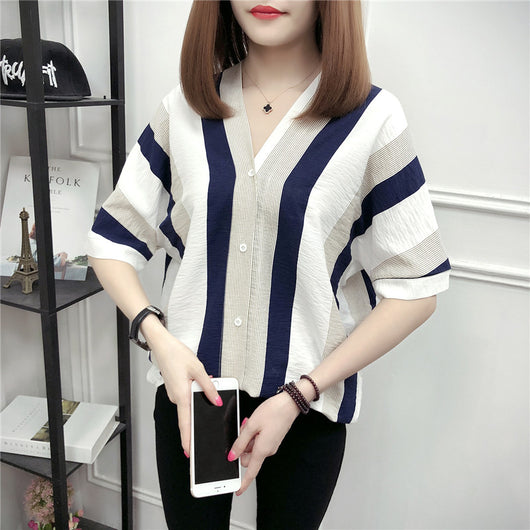 Blusa Mujer Escote V Rayas Manga Corta - Image 11