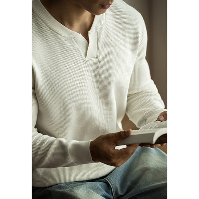 Suéter Henley Casual de Cuello V y Manga Larga para Hombre - Image 8