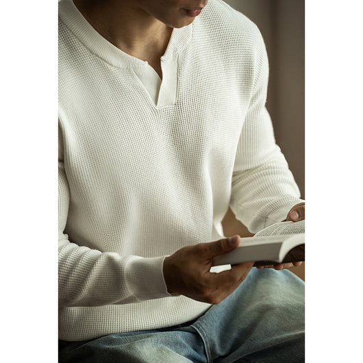 Suéter Henley Casual de Cuello V y Manga Larga para Hombre - Image 8