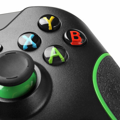 Black wired USB game controller with green accents, two joysticks, and ABXY buttons, shown with USB, USB-C, and micro-USB adapters. - Image 14